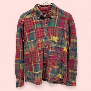 Vintage 90’s-Y2K Gap patchwork heavyweight flannel frayed hem button front shirt